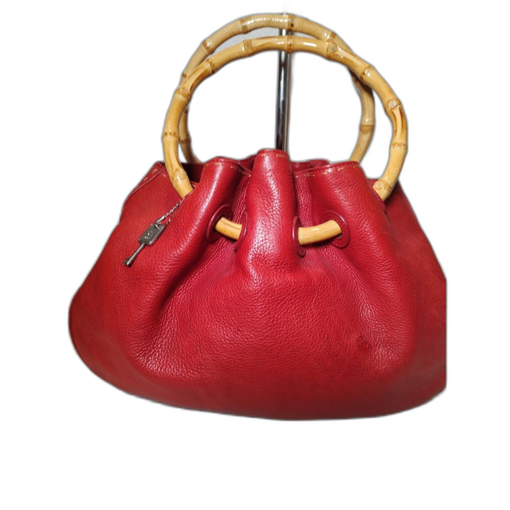 FOSSIL Pebbled Red Leather Hobo bag purse w/bamboo handles EUC handbag